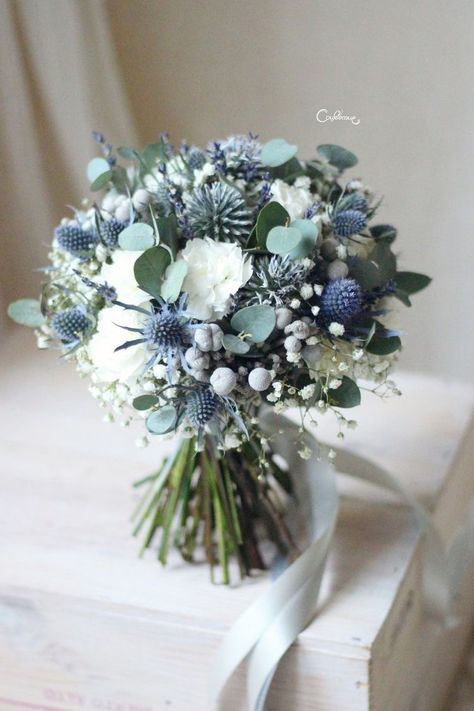 Navy Blue And Greenery Bouquet, Boho Seaglass Wedding, Navy Blue Wedding Florals, Dusty Blue Bridal Bouquet Real Flowers, Blue White Green Wedding Flowers, Wedding Bouquets Bride Blue, Dusty Blue Flowers Bouquet, Blue And Green Wedding Flowers, Blue Wedding Bouquet Ideas