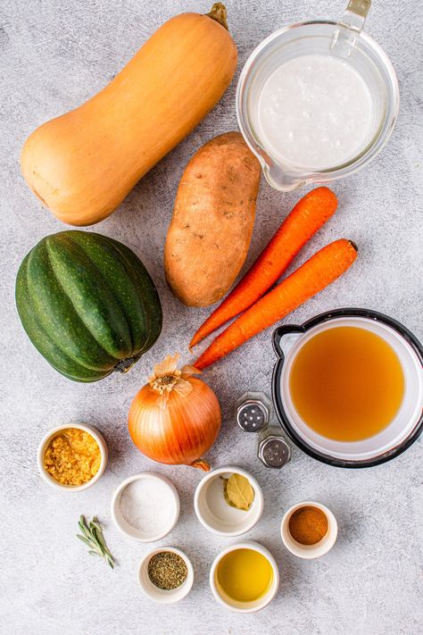 Potato With Vegetables, Creamy Vegan Soup, Squash And Sweet Potato Soup, Butternut Squash And Sweet Potato, Butternut Squash Apple Soup, Acorn Squash Soup, Butternut Squash Sweet, Butternut Squash Apple, Curried Butternut Squash Soup