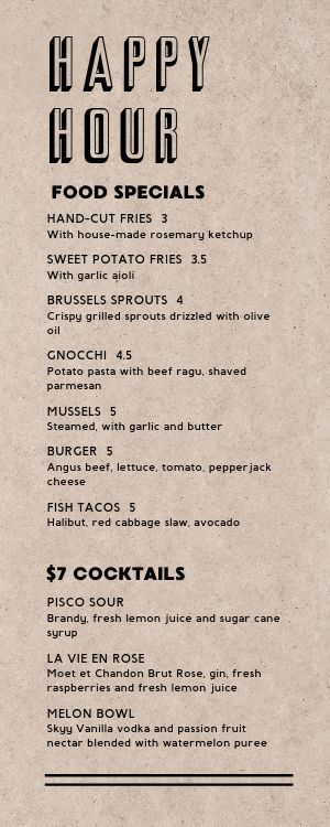 Happy Hour Menu Design, Happy Hour Menu Ideas, Drink Menu Design, Butter Burgers, Happy Hour Food, Basic Anatomy, Red Cabbage Slaw, Happy Hour Menu, Potato Pasta