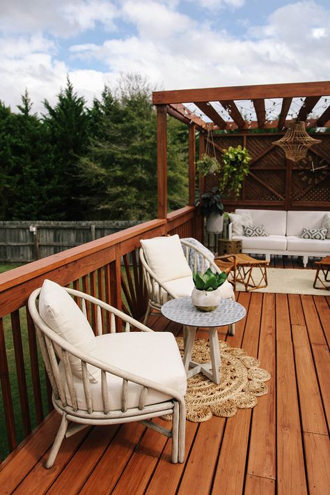 Patio Makeover - Phase 2 Reveal | In Honor Of Design Pallet Deck, Attached Pergola, White Pergola, Small Pergola, Pergola Carport, Garden Spheres, Steel Pergola, Funky Chairs, Pergola Swing