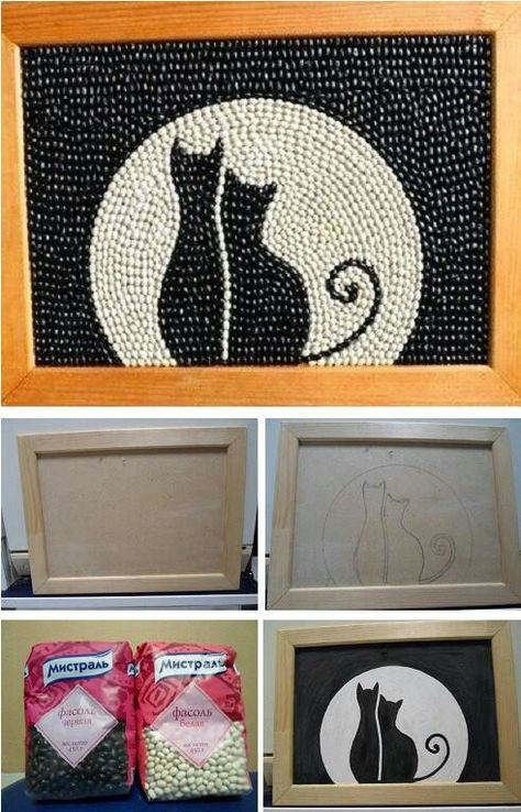 Bean art. Old picture frame. Stencil or draw something and glue beans instead of painting. #art Coffee Bean Art, Seed Art, Art Projects For Teens, Recycled Art Projects, Mosaic Projects, Recycled Art, Button Crafts, Dot Painting, Art Activities