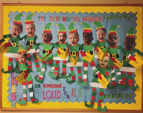 Elf Christmas bulletin board. “The best way to spread Christmas cheer is singing loud for all to hear! 💚🎶❤️ Christmas Classroom Art Projects, Elf Bulletin Boards For Preschool, Christmas Pre K Bulletin Board, Christmas Teacher Board Ideas, Christmas Teacher Bulletin Board, Christmas Class Bulletin Boards, Elf Movie Bulletin Board, Christmas In The Classroom Decorations, Elves Door Decorations Classroom