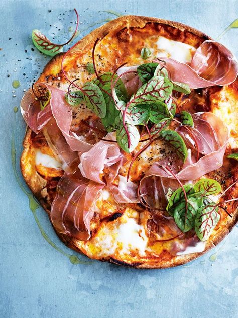 Prosciutto And Buffalo Mozzarella Pizza | Donna Hay Pizza Gourmet, Donna Hay Recipes, Mozzarella Pizza, I'm Fat, Menu Designs, Lemon Kitchen, Buffalo Mozzarella, Homemade Pizza Dough, Flatbread Pizza