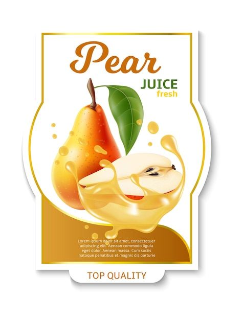 Realistic fruit label pear juice package... | Premium Vector #Freepik #vector #fruit-splash #fruit-drink #fruit-juice #healthy-juice Drink Promotion, Vegetarian Drinks, Liquid Splash, Juice Healthy, Package Sticker, Fruit Splash, Fruit Labels, Juice Packaging, Bottle Label Design