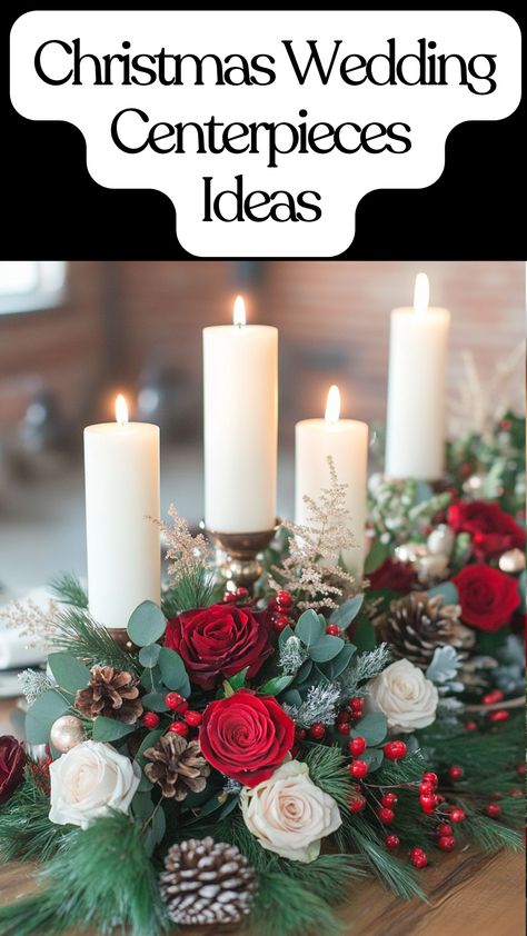 Festive Christmas wedding centerpiece with candles, winter florals, and seasonal accents. Christmas Wreath Centerpiece Wedding, Christmas Wedding Alter, Christmas Wedding Reception, Elegant Christmas Wedding, Wedding Centerpieces Ideas, Christmas Wedding Centerpieces, Wedding Centerpiece Ideas, Cozy Candle, Centerpieces Ideas