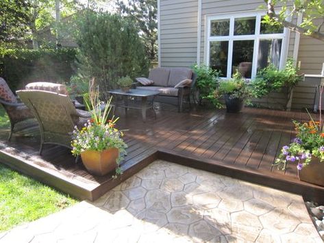 Low Deck And Patio Combo, Flat Deck Ideas Backyards, Deck And Patio Combo Backyards, Deck And Patio Combo, Flat Wood Deck Patio, Deck Patio Combo Ideas, Low Deck Designs, Wood Deck Designs, Landscaping Around Deck