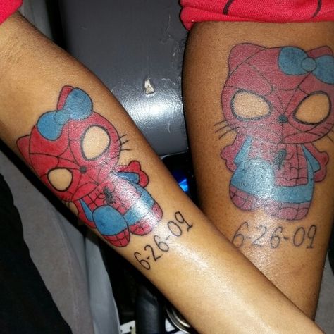 Me & my husband's matching tattoo, I like hello kitty and he likes spiderman so we combine the two and put the day we got married underneath ♡♡ Hello Kitty Tattoo Ideas Matching, Matching Tattoos Spiderman, Spiderman Matching Tattoo, Hello Kitty And Spiderman Pfp Matching, Hello Kitty And Spiderman Nails, Hello Kitty Matching Tattoos, Matching Hello Kitty Tattoos, Hello Kitty And Spiderman, Best Tattoo Ideas For Men