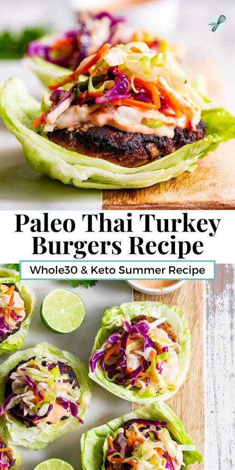 These spicy Paleo Thai Turkey Burgers are packed with flavor and easy to make with a simple slaw and sriracha mayo. They’re great in lettuce wraps to keep the meal low carb or serve with my paleo hamburger buns! Do a little spicy for grilling season with this recipe. Paleo Bbq Recipes, Whole 30 Recipes Low Carb, Easy Whole 30 Recipes Lunch, Low Carb Non Dairy Recipes, Thai Hamburger Recipe, Whole 30 Burgers, Healthy Burgers Clean Eating, Paleo Lunch Prep, Quick And Easy Paleo Recipes