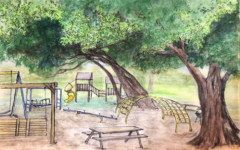 Playground Sketch, Playground Drawing, Cute Playground, Playground Illustration, Playground Aesthetic, Park Drawing, Playground Painting, Speed Draw, Conceptual Sketches