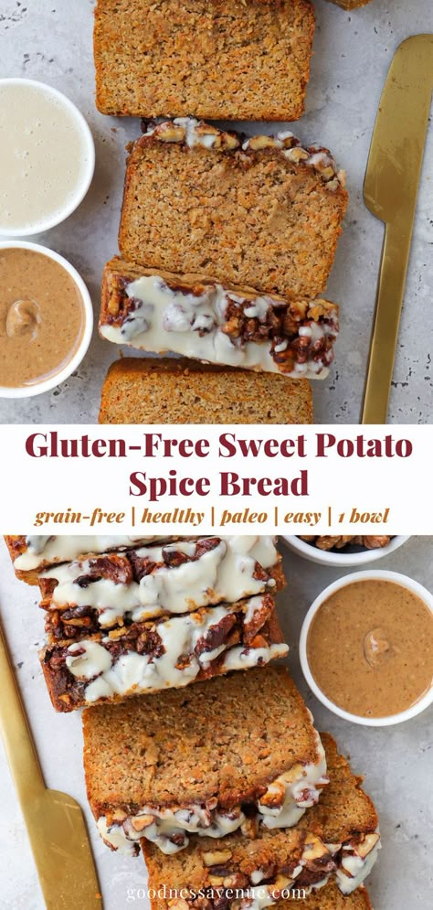 The ultimate healthy gluten free sweet potato bread made with grated sweet potato, almond flour and cozy spices. A delicious grain free + paleo loaf made in one bowl with a crunchy walnut topping glazed with a little coconut butter. Gluten Free Potato Bread, Walnut Topping, Sweet Potato Flour, Dairy Free Bread, Raw Sweet Potato, Gluten Free Sweet Potato, Spice Bread, Sweet Potato Bread, Sweet Potato Muffins