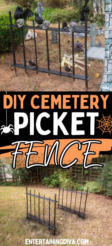 How to Make a DIY Halloween Cemetery Picket Fence Diy Spooky Fence, Cemetery Fence Diy, Graveyard Outdoor Decor, Halloween Graveyard Fence Ideas Diy, Diy Pet Cemetery Halloween, Homemade Halloween Graveyard, Graveyard Archway Diy, Graveyard Diy Halloween, Halloween Scene Ideas