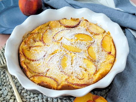 A classic French dessert the clafoutis consists of a golden, eggy custard baked with sweet summer fruit. This recipe for Peach Clafoutis is easy, delicious and the perfect end to any meal. Peach Clafoutis, Custard Baked, Clafoutis Recipe, Clafoutis Recipes, Peach Dessert, Classic French Desserts, Peach Dessert Recipes, Recipe Gluten Free, Peach Desserts