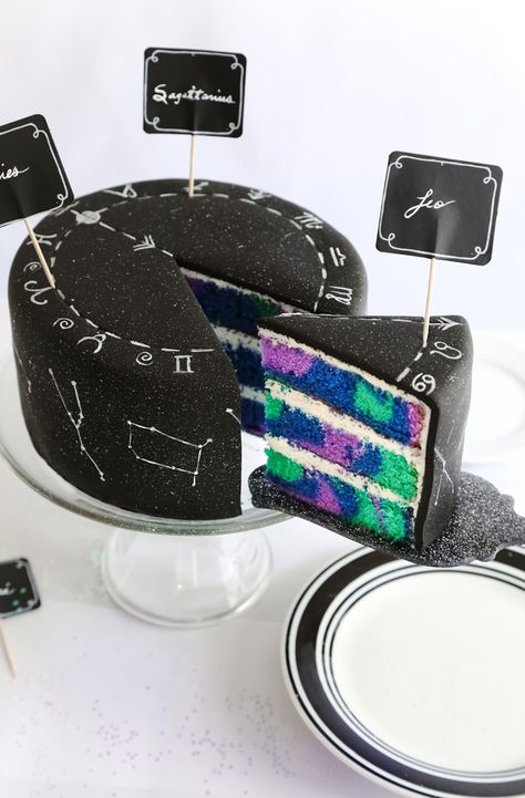 A constellation cake that will have you seeing stars. Constellation Cake, Purple Food Coloring, Galaxy Cake, Space Food, Purple Food, Blue Food Coloring, Themed Desserts, Gel Food Coloring, Zodiac Constellations