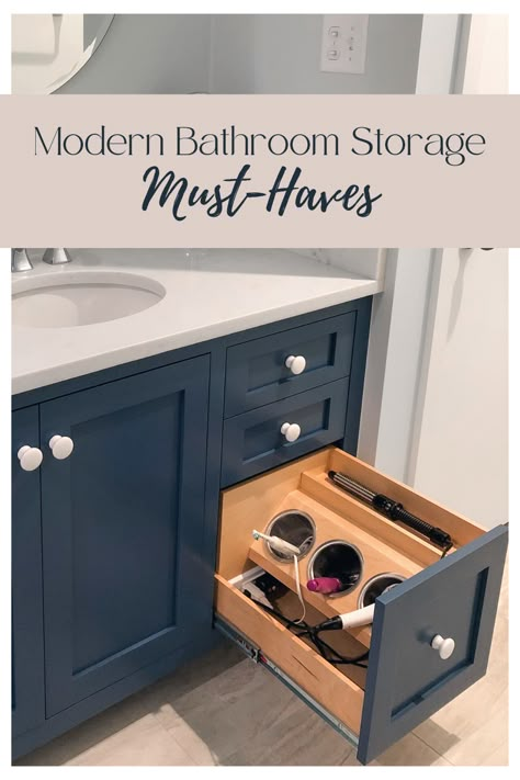 Bathroom Drawer For Hair Tools, Master Bath Vanity With Makeup Area One Sink, Bathroom Vanity Ideas For Makeup, Bathroom Beauty Vanity, Bathroom Storage Ideas Cabinet Cupboards Master Bath, Custom Bathroom Vanity Storage Ideas, Master Bath Cabinet Organization, Bathroom Cabinet Curling Iron Storage, Powered Vanity Drawer