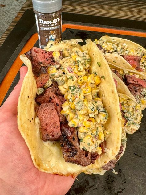 Grilled Steak Elote Tacos - Grill Nation - Recipes, Grills and Grilling Products Elote Tacos, Grill Nation, Elote Recipe, Grilled Taco, Griddle Recipes, Steak Tacos, Grilled Dinner, Grilled Steak, Satisfying Food