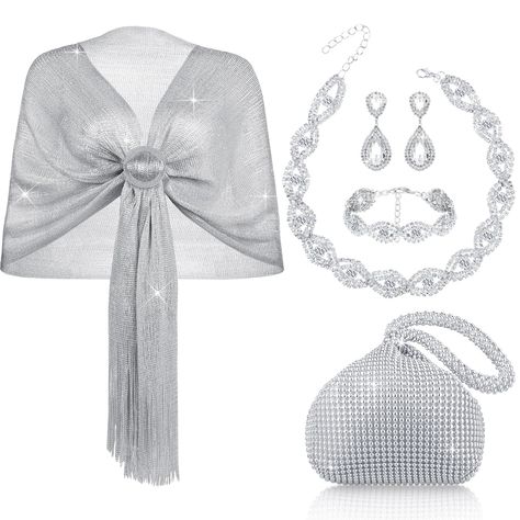 PRICES MAY VARY. Women Accessories Set: the package contains 1 piece of silver shawl wrap, 1 piece of silver clutch purse wedding, 1 piece of rhinestone choker necklace, 1 piece of bracelet and 1 pair of dangle earrings, a nice combination set to satisfy your daily decoration needs Size Details: the shawl wraps for women are about 19.7 x 64.6 inches/ 50 x 164 cm, and the tassels are about 7.1 inches/ 18 cm long, the rhinestone necklace is about 11.4 inches/ 29 cm, the bracelet is about 6.5 inche Silver Shawl, Rhinestone Bridal Jewelry, Silver Clutch Purse, Silver Shirt, Rhinestone Jewelry Set, Rhinestone Choker Necklace, Small Scarf, Scarf Rings, Crystal Jewelry Sets