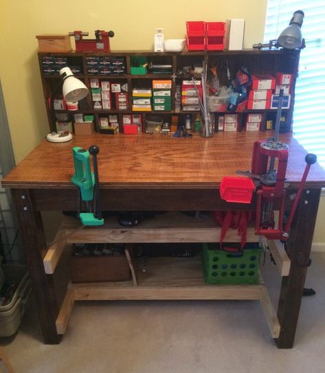 Gunsmith Workbench, Gunsmithing Bench, Reloading Table, Reloading Bench Plans, 2x4 Basics, Armory Room, Woodworking Plans Workbench, Reloading Room, Workbench Organization