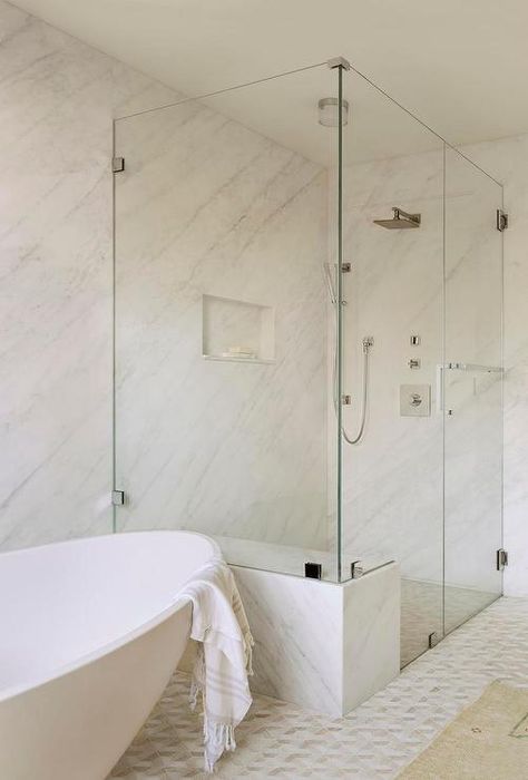 Bathroom Chandelier Lighting, Flush Mount Bathroom Lighting, Tile Shower Niche, Marble Shower Tile, Bathroom Lighting Ideas, Bathroom Chandelier, Marble Showers, Bath Renovation, Transitional Bathroom