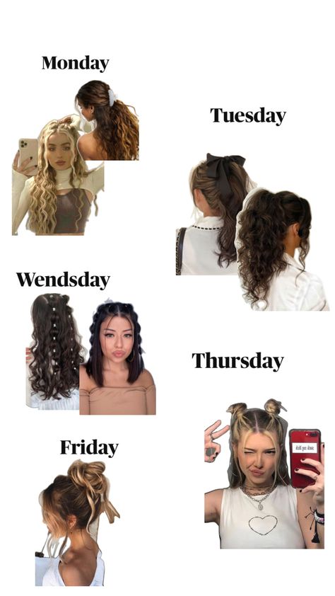 Hairstyles for a school week Weekly Hairstyles For School, Pajama Day Hairstyles For School, Hairstyles Of The Week, Hairstyles For Each Day Of The Week, Hairstyles For A Week, Week Of Hairstyles, Weekly Hairstyles, Week Hairstyles, Preppy Hairstyles