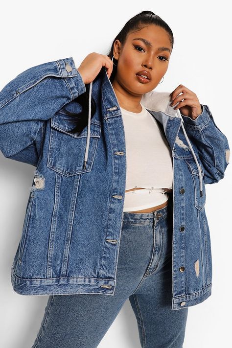 Plus Loopback Hooded Denim Distressed Jacket | boohoo Plus Size Jackets For Women, Plus Size Coat, Plus Size Jackets, Plastic Raincoat, New Closet, Distressed Jacket, Denim Pocket, Plus Size Coats, Distressed Denim Jacket