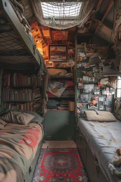 Adventurecore Bedroom, Army Bedroom Ideas, Apocalypse Room, Modern Gothic Living Room, Army Bedroom, Adventure Room, Military Looks, Antique Artwork, Metal Lockers