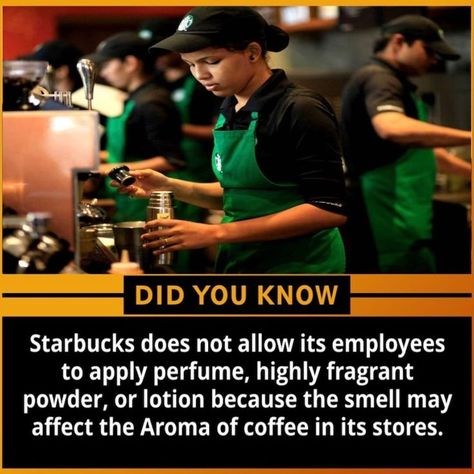 Did You Know ? Starbucks employess does not allow to use perfume. Amazing Unknown World Facts For more awesome facts visit our Profile #Facts #Didyouknow #FactRepublic #Worldfacts #AwesomeFacts #timetoknow Did You Know, Lotion, Fun Facts, How To Apply