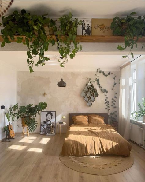 Cozy Bed Against Wall, Bed Against Wall, Boho Decor Ideas, Warehouse Loft, Small Couch, No Closet, Neutral Bedroom, Future Apartment, Apartment Decor Inspiration