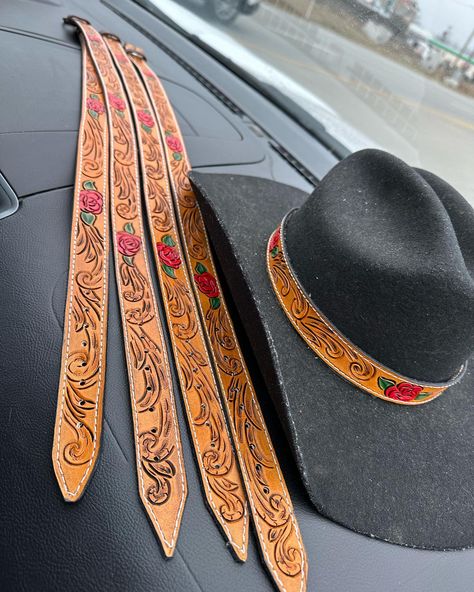 p.o.v. You forgot to take pictures of an order of 5 hatbands until you were 2 minutes away from meeting the customer🫠🙃 Custom hat bands available on the Etsy shop! #western #leatherhatband #leather #hatband #ootd #leathercraft #leathersmith #leathercarving #rose #instagood #cowboy #cowboyhat Hat Bands, Leather Hat, Leather Carving, Leather Hats, Take Pictures, Hat Band, Custom Hats, Leather Working, Leather Craft