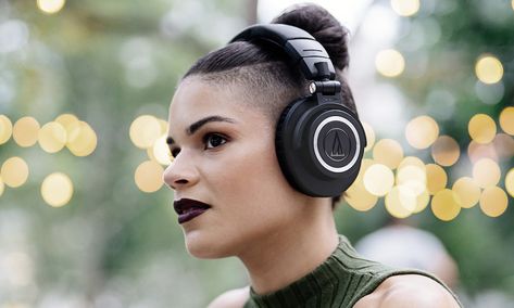 Audio-Technica ATH-M50xBT Wireless Headphones on woman Audio Technica Headphones, Audio Technica, Wired Headphones, Wireless Headphones, Listening To Music, Over Ear Headphones, Accessories Design, Sonic, Theater