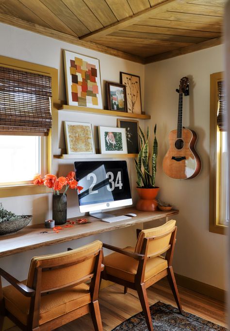 Makeover By Monday | Mid-Century Modern Style Office with DIY Chevron Ceiling - I SPY DIY Chevron Ceiling, Vintage Desk Makeover, Mcm Office, Live Edge Desk, I Spy Diy, Picture Shelves, Upholstered Daybed, Desk Makeover, Daybed With Trundle