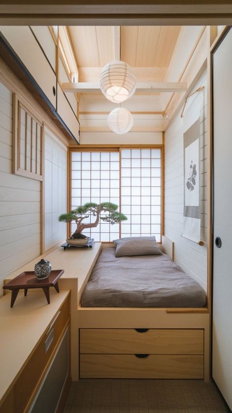 Small Beds For Small Rooms, Japanese Small Bedroom Design, Japan Minimalist House Interiors, Japanese Multifunctional Furniture, Korean Tiny Apartment, 80 Sq Ft Bedroom, Tiny Japanese Bedroom, Japanese Small Bedroom Ideas, Tiny Studio Ideas