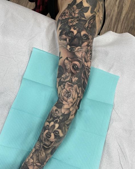 Nature Animal Sleeve Tattoo, Women’s Animal Sleeve Tattoo, Wild Life Sleeve Tattoo, Forest Animal Sleeve Tattoo, Leg Sleeve Tattoo Animals, Animal Collage Tattoo Sleeve, Woodland Leg Sleeve Tattoo, Floral Animal Sleeve Tattoo, Nature Arm Sleeve Tattoos For Women