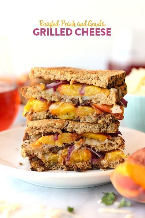 Roasted Peach and Gouda Grilled Cheese - Fit Foodie Finds Healthy Kung Pao Chicken, Peach Grilled, Gouda Grilled Cheese, Roasted Peaches, Bread Roast, Clean Dinner Recipes, Dinner Ideas For Two, Healthy Sandwich Recipes, Overnight Oatmeal Recipes