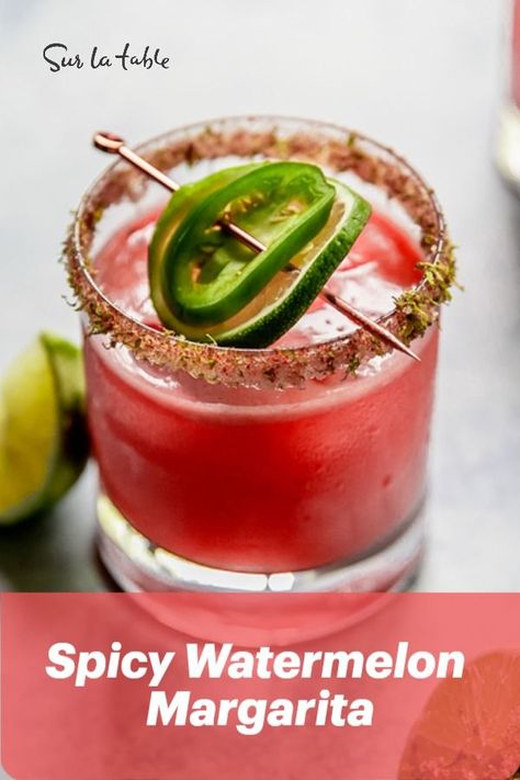 Mexican Happy Hour, Watermelon Margarita Pitcher, Margarita Pitcher Recipe, Spicy Watermelon Margarita, Margarita Pitcher, Spicy Watermelon, Fruit Margarita, Watermelon Margarita, Alcohol Drink Recipes