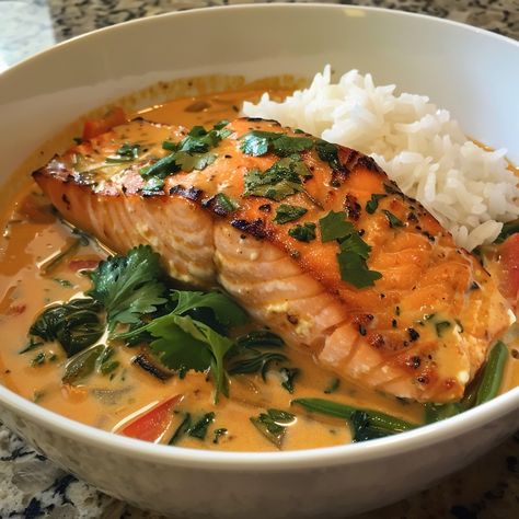 Salmon Coconut Soup, Salmon Recipes Coconut Milk, Minced Fish Recipes, Thai Coconut Salmon Curry, Fine Cuisine Recipes, Thai Salmon Recipes, Salmon Curry Recipes Coconut Milk, Broth Meals, Coconut Curry Salmon