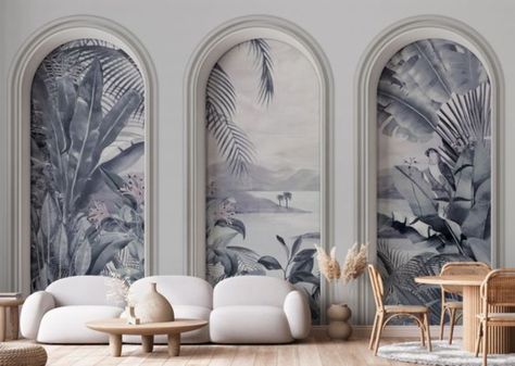 Wallpapered Entryway, Tropical Trees, Arch Design, Entryway Wall, Living Room Design Decor, Home Design Living Room, Dream House Interior, Design Wallpaper, Nature Themed