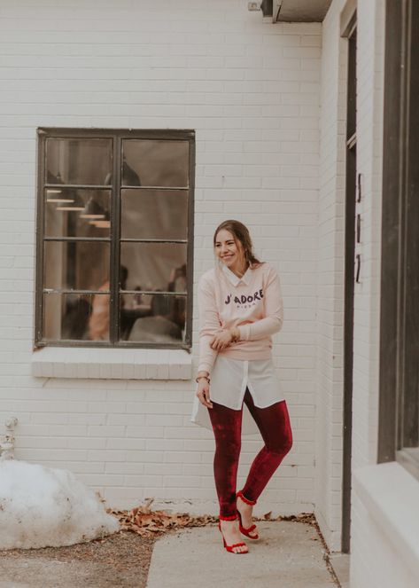 Casual Valentine's Day Outfit with Velvet Leggings Velvet Leggings Outfit, Pizza Graphic, Graphic Pullover, Ootd Inspo, Leggings Outfit, Velvet Leggings, Valentine's Day Outfit, Red Heels, Work Looks