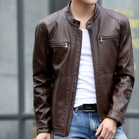 Moto Racer Jacket, Racer Jacket Outfit, Jacket Outfit Men, Leather Racer Jacket, Short Leather Jacket, Stand Collar Coat, Casual Leather Jacket, Elegant Jacket, Racer Jacket