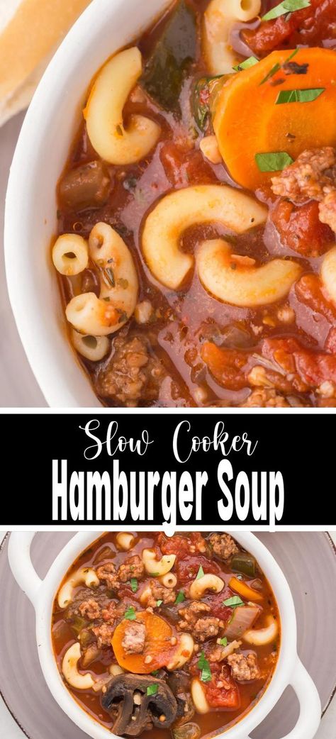 Closeup overhead shot of bowlful of slow cooker hamburger soup at top and overhead shot of slow cooker hamburger soup at bottom. Crockpot Hamburger Soup, Beef Soup Crockpot, Hamburger Soup Crockpot, Hamburger Crockpot Recipes, Slow Cooker Hamburger, Slow Cooker Hamburger Soup, Beef Veggie Soup, Vegetable Soup Crock Pot, Hamburger Soup Recipe