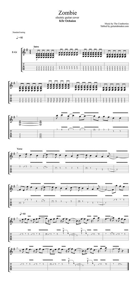 The Cranberries - Zombie electric guitar tab - pdf guitar tab - guitar pro tab download - electric guitar solo tabs Radiohead Guitar Tab, Electric Guitar Sheet Music, Guitar Tabs Songs Rock, Electric Guitar Cover, Cranberries Zombie, The Cranberries Zombie, Santana Guitar, Learn Guitar Songs, Guitar Songs For Beginners