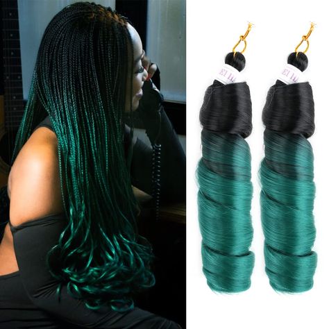 Spiral Braids For Black Women, Dark Green Peekaboo Braids, Black And Green Braids With Curls, Dark Green Braids, Green And Black Hair Braids, Black And Green Braids, Green Braids For Black Women, Black And Green Box Braids, Green And Black Box Braids