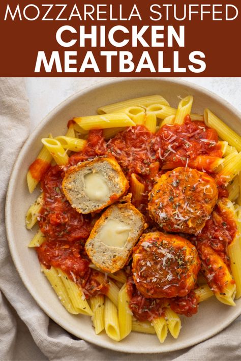 Easy Oven Baked Mozzarella Stuffed Chicken Meatballs Egg Bites In Oven, Stuffed Chicken Meatballs, Mozzarella Meatballs, Mozzarella Stuffed Chicken, Starbucks Egg Bites Recipe, Baked Meatball Recipe, Chicken Mozzarella, Chicken Marinara, Stuffed Meatballs