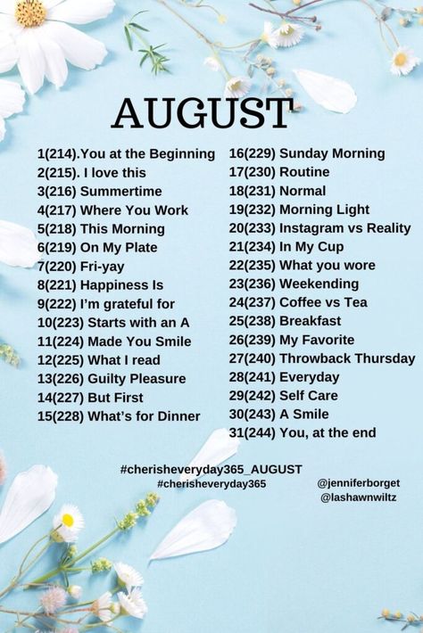 August To Do List, August Aesthetic Month, August Photo Challenge, Monthly Ideas, August Aesthetic, August Holidays, Photo Challenges, Photography Essentials, Photo A Day Challenge