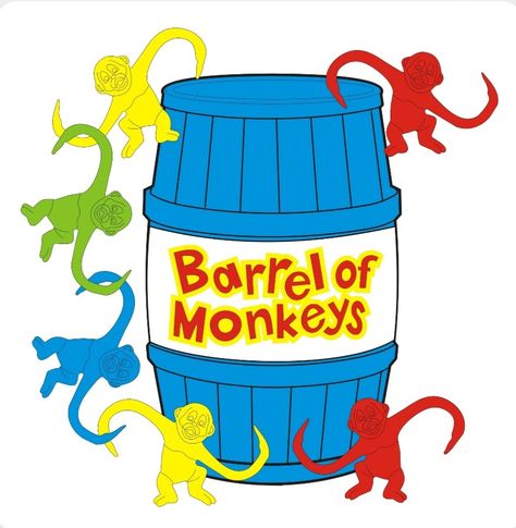 Barrel Of Monkeys Decorations, Vbs 2023 Twists And Turns Decorating Ideas, Monkeys In A Barrel, Monkey Template, Game Decorations, Board Game Themes, 2023 Decor, Toy Story Halloween, Monkey Decorations