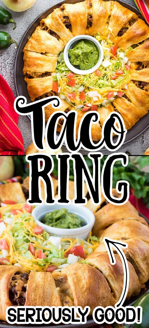 A Crescent Taco Ring is the perfect dish to serve at family get-togethers, cookouts, or as a main dish for a quick dinner the whole family will love. A Taco Ring is always welcome for your Super Bowl Parties or covered dish dinners. It’s quick to throw together and most kitchens will have many of the ingredients on hand. Mexican Crescent Ring, Taco Crescent Ring Pillsbury, Fun Crescent Roll Recipes, Appetizer Ring Recipes, Baked Taco Ring, Taco Croissant Ring, Cresent Roll Taco Bake Crescent Ring, Finger Food Main Dish, Crescent Taco Ring