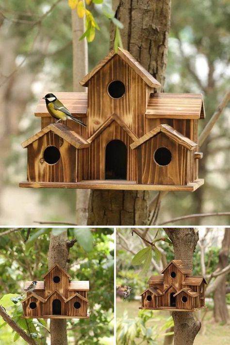 6 Hole Handmade Bird House - GIFT FOR NATURE LOVERS Large Bird Houses, Garden Screen, Hummingbird House, Wooden Bird Feeders, Handmade Birdhouses, Elderly Activities, Wooden Bird Houses, Villa Style, Bird Cages