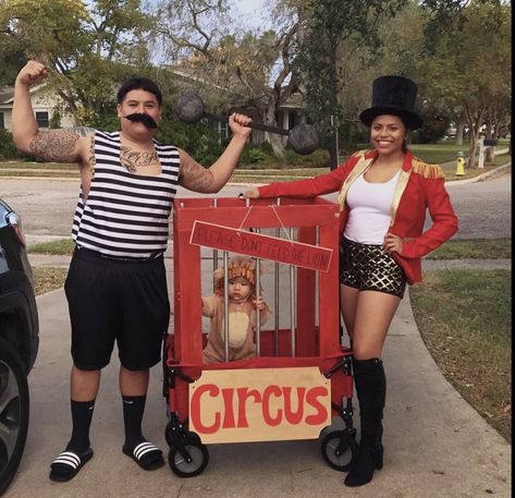 Halloween 2017 circus themed, lion, ring master, strong man Beetlejuice Couple Costume, Circus Family Costume, Strong Man Costume, Best Couples Halloween Costumes, Circus Halloween Costumes, Lion Halloween Costume, Couples Halloween Costumes, Cute Couples Costumes, Ring Master