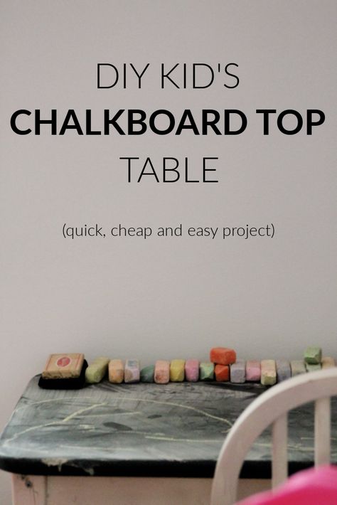 Looking for an easy DIY you can do in an afternoon? Try this kid's chalkboard top table. You can use any old table and it will turn out super cute. #DIY Building A Kids Table, Farmhouse Kids Table, Kid Table Plans, Rustoleum Chalked Spray Paint, Kids Farmhouse Table, Chalkboard Table Kids, Spray Paint Table, Girl Playroom, Easy Diy Kids