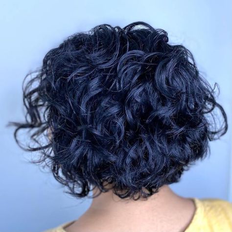 Blue-Black Coarse Curly Bob Dark Blue Short Curly Hair, Black Blue Hair Curly, Blue Short Curly Hair, Dark Blue Hair Short, Dark Blue Curly Hair, Blue Curly Hair, Blue And Black Hair, Short Curly Crochet Hair, Loose Curly Hair