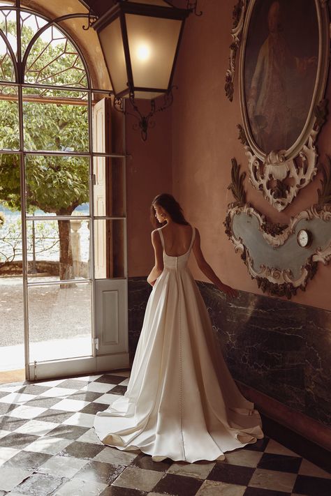 Iva: Satin Ball Gown with Square Neckline and Asymmetric Bodice and Pockets | Justin Alexander Wedding Dress With Square Neckline, Satin Ball Gown Wedding Dress, Isabella Grace, Convertible Wedding Dresses, Justin Alexander Bridal, Illusion Wedding Dress, Chic Wedding Dresses, Satin Ball Gown, Timeless Wedding Dress